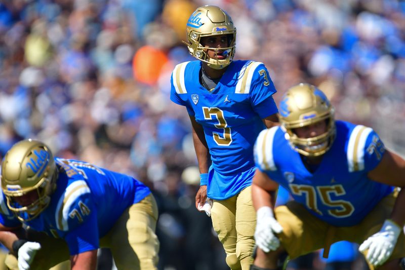 Oct 7, 2023; Pasadena, California, USA; UCLA Bruins quarterback Dante Moore (3) scans the line of scrimmage before the snap against the Washington State Cougars during the first half at Rose Bowl. Mandatory Credit: Gary A. Vasquez-USA TODAY Sports