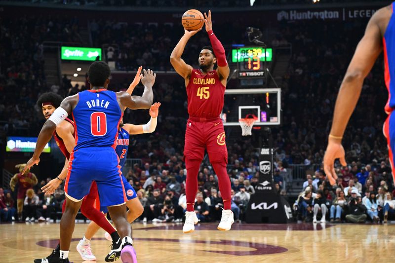 CLEVELAND, OHIO - JANUARY 31: Donovan Mitchell #45 of the Cleveland Cavaliers shoots during the second quarter against the Detroit Pistons at Rocket Mortgage Fieldhouse on January 31, 2024 in Cleveland, Ohio. (Photo by Jason Miller/Getty Images) NOTE TO USER: User expressly acknowledges and agrees that, by downloading and or using this photograph, User is consenting to the terms and conditions of the Getty Images License Agreement. (Photo by Jason Miller/Getty Images)