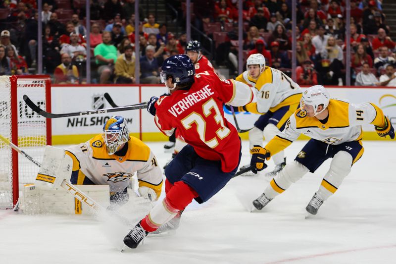 Nov 7, 2024; Sunrise, Florida, USA; Florida Panthers center Carter Verhaeghe (23) scores against Nashville Predators goaltender Scott Wedgewood (41) during the second period at Amerant Bank Arena. Mandatory Credit: Sam Navarro-Imagn Images