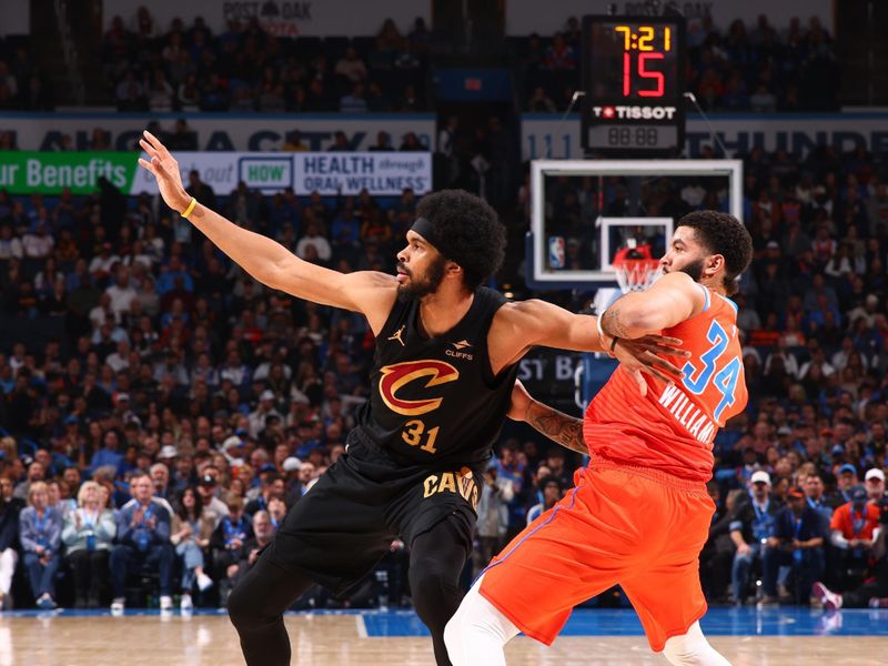 OKLAHOMA CITY, OK - JANUARY 16: Jarrett Allen #31 of the Cleveland Cavaliers calls for the ball during the game against the Oklahoma City Thunder on January 16, 2025 at Paycom Center in Oklahoma City, Oklahoma. NOTE TO USER: User expressly acknowledges and agrees that, by downloading and or using this photograph, User is consenting to the terms and conditions of the Getty Images License Agreement. Mandatory Copyright Notice: Copyright 2024 NBAE (Photo by Zach Beeker/NBAE via Getty Images)