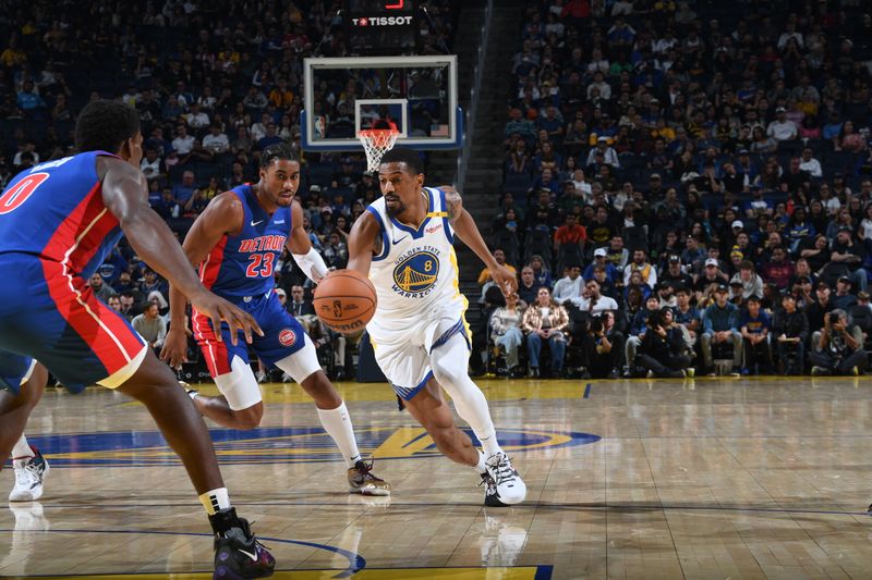 SAN FRANCISCO, CA - OCTOBER 13: De'Anthony Melton #8 of the Golden State Warriors handles the ball during the game against the Detroit Pistons during a NBA Preseason game on October 13, 2024 at Chase Center in San Francisco, California. NOTE TO USER: User expressly acknowledges and agrees that, by downloading and or using this photograph, user is consenting to the terms and conditions of Getty Images License Agreement. Mandatory Copyright Notice: Copyright 2024 NBAE (Photo by Noah Graham/NBAE via Getty Images)