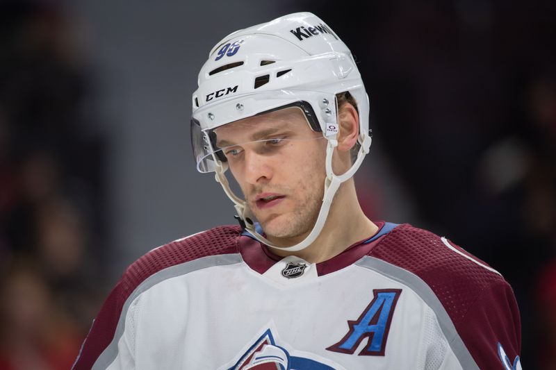 Jan 16, 2024; Ottawa, Ontario, CAN; Colorado Avalanche right wing Mikko Rantanen (96) skates during a break in the second period against the Ottawa Senators at the Canadian Tire Centre. Mandatory Credit: Marc DesRosiers-USA TODAY Sports