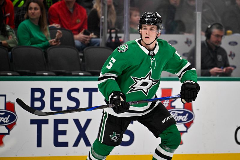 Oct 26, 2024; Dallas, Texas, USA; Dallas Stars defenseman Nils Lundkvist (5) skates against the Chicago Blackhawks during the second period at the American Airlines Center. Mandatory Credit: Jerome Miron-Imagn Images