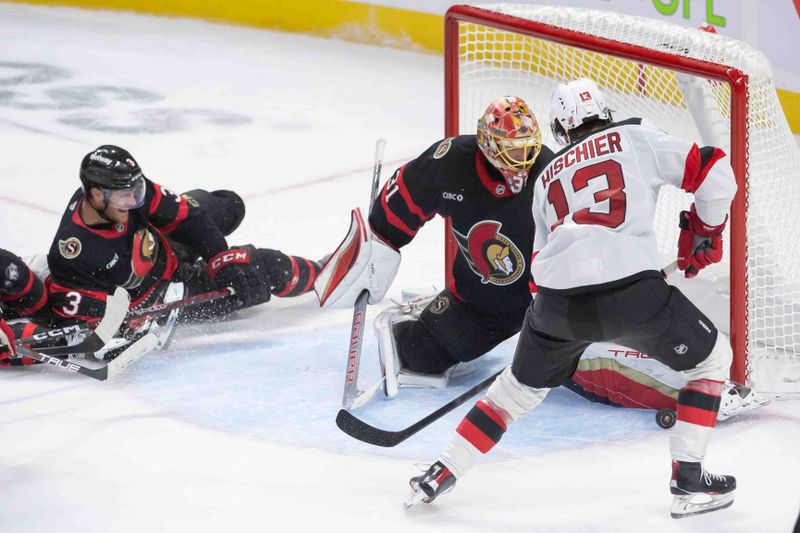 Oct 17, 2024; Ottawa, Ontario, CAN; Ottawa Senators goalie Anton Forsberg (31) makes a save on a shot from New Jersey Devils center Nico Hischier (13) in the third period at the Canadian Tire Centre. Mandatory Credit: Marc DesRosiers-Imagn Images