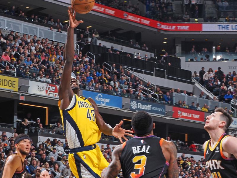 INDIANAPOLIS, IN - JANUARY 26: Pascal Siakam #43 of the Indiana Pacers drives to the basket during the game against the Phoenix Suns on January 26, 2024 at Gainbridge Fieldhouse in Indianapolis, Indiana. NOTE TO USER: User expressly acknowledges and agrees that, by downloading and or using this Photograph, user is consenting to the terms and conditions of the Getty Images License Agreement. Mandatory Copyright Notice: Copyright 2024 NBAE (Photo by Ron Hoskins/NBAE via Getty Images)