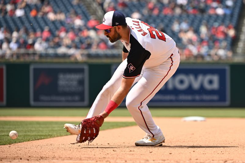 May 26, 2024; Washington, District of Columbia, USA; Washington Nationals first baseman Joey Gallo (24) fields a ground ball against the Seattle Mariners during the seventh inning at Nationals Park. Mandatory Credit: Rafael Suanes-USA TODAY Sports