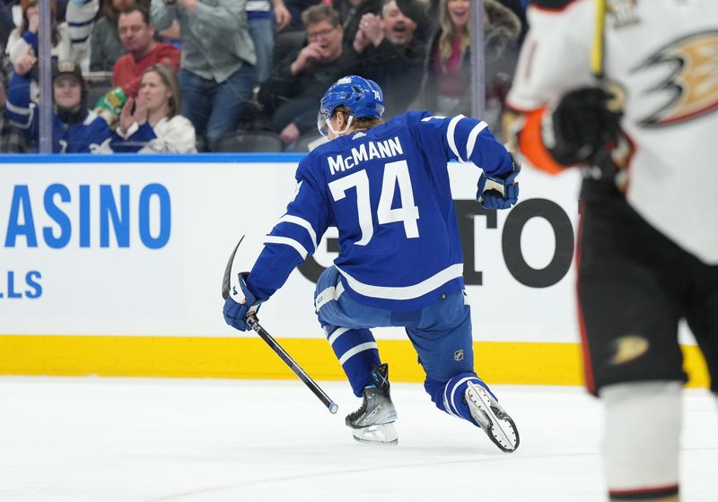 Feb 17, 2024; Toronto, Ontario, CAN; Toronto Maple Leafs center Bobby McMann (74) celebrates after scoring goal against the Anaheim Ducks during the first period at Scotiabank Arena. Mandatory Credit: Nick Turchiaro-USA TODAY Sports