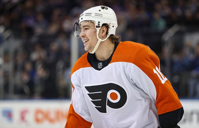 Apr 11, 2024; New York, New York, USA; Philadelphia Flyers right wing Bobby Brink (10) celebrates his goal against the New York Rangers during the second period at Madison Square Garden. Mandatory Credit: Danny Wild-USA TODAY Sports