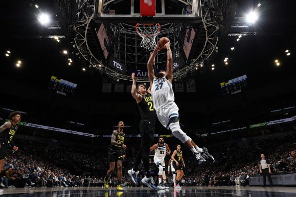 MINNEAPOLIS, MN -  NOVEMBER 30 :  Rudy Gobert #27 of the Minnesota Timberwolves drives to the basket during the game against Utah Jazz on November 30, 2023 at Target Center in Minneapolis, Minnesota. NOTE TO USER: User expressly acknowledges and agrees that, by downloading and or using this Photograph, user is consenting to the terms and conditions of the Getty Images License Agreement. Mandatory Copyright Notice: Copyright 2023 NBAE (Photo by Jordan Johnson/NBAE via Getty Images)