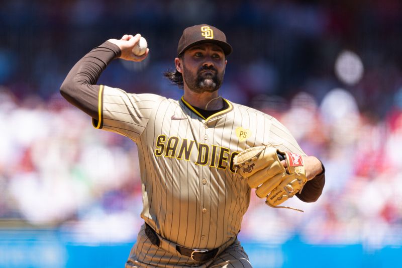 Jun 19, 2024; Philadelphia, Pennsylvania, USA; San Diego Padres pitcher Matt Waldron (61) throws a pitch during the second inning against the Philadelphia Phillies at Citizens Bank Park. Mandatory Credit: Bill Streicher-USA TODAY Sports