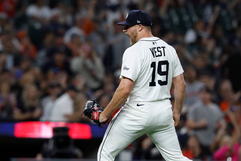 May 14, 2025; Detroit, Michigan, USA;  Detroit Tigers pitcher Will Vest (19) celebrates the last out in the ninth inning against the Boston Red Sox at Comerica Park. Mandatory Credit: Rick Osentoski-Imagn Images