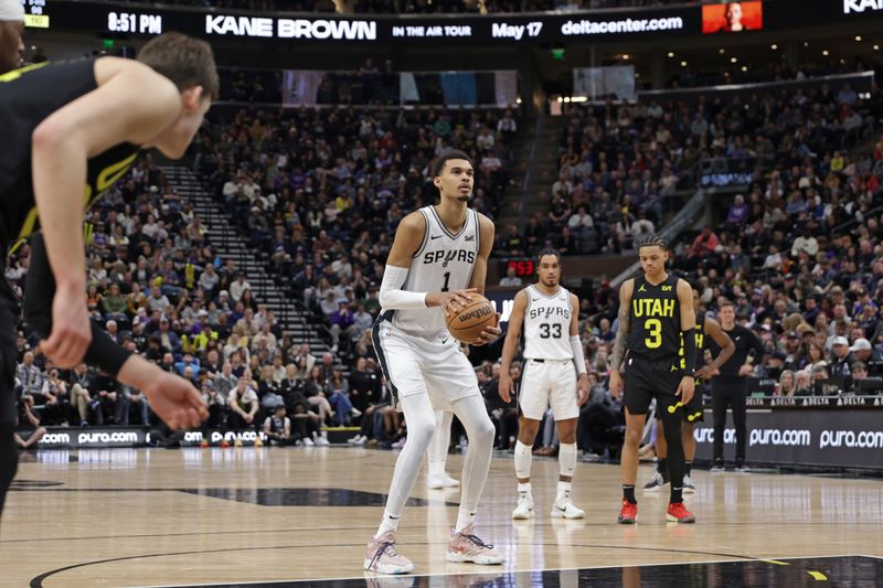 SALT LAKE CITY, UT - MARCH 27: Victor Wembanyama #1 of the San Antonio Spurs shoots a free throw during the game against the Utah Jazz on March 27, 2024 at Delta Center in Salt Lake City, Utah. NOTE TO USER: User expressly acknowledges and agrees that, by downloading and or using this Photograph, User is consenting to the terms and conditions of the Getty Images License Agreement. Mandatory Copyright Notice: Copyright 2024 NBAE (Photo by Chris Nicoll/NBAE via Getty Images)