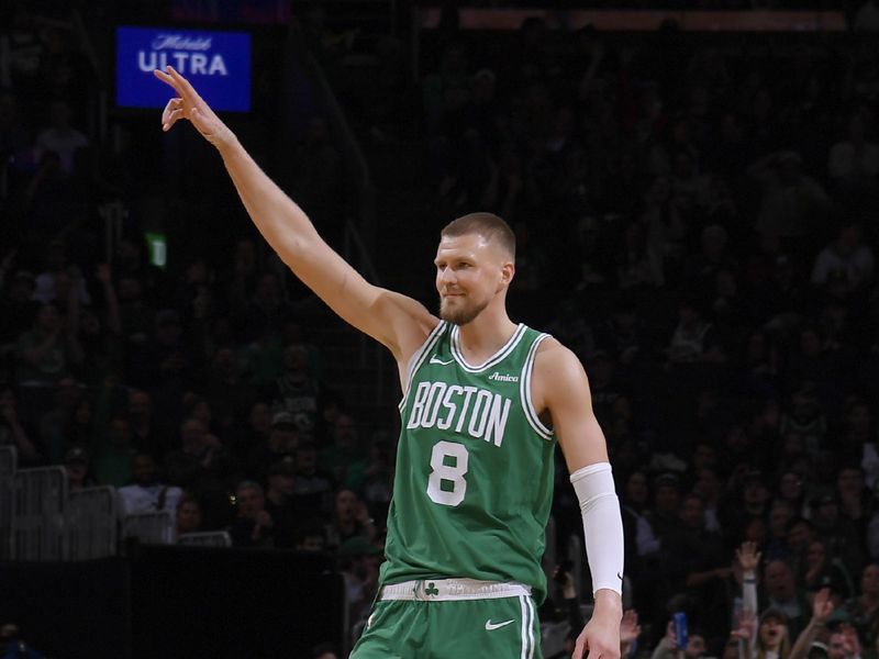 BOSTON, MA - JANUARY 29: Kristaps Porzingis #8 of the Boston Celtics celebrates during the game against the Chicago Bulls on January 29, 2025 at TD Garden in Boston, Massachusetts. NOTE TO USER: User expressly acknowledges and agrees that, by downloading and/or using this Photograph, user is consenting to the terms and conditions of the Getty Images License Agreement. Mandatory Copyright Notice: Copyright 2025 NBAE (Photo by Brian Babineau/NBAE via Getty Images)