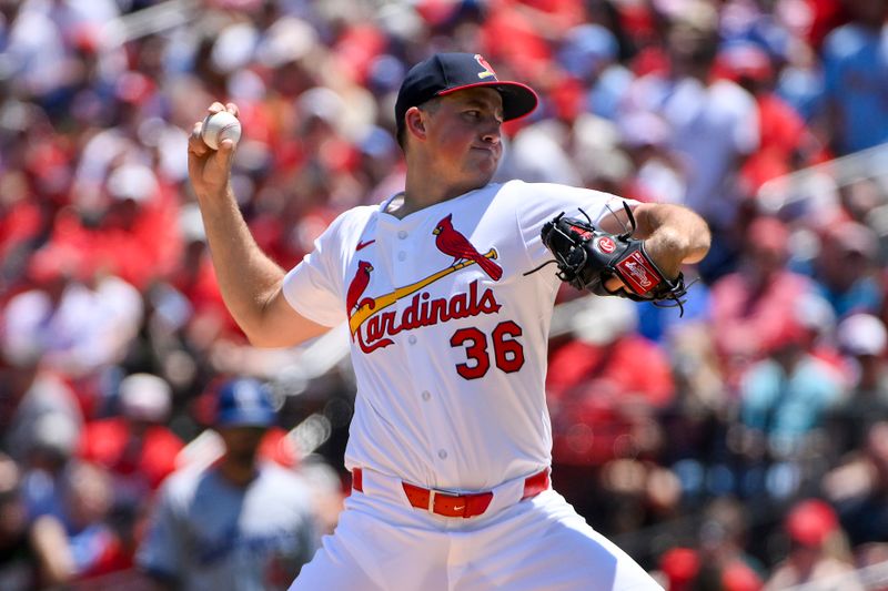 Jun 8, 2025; St. Louis, Missouri, USA;  St. Louis Cardinals starting pitcher Michael McGreevy (36) pitches against the Los Angeles Dodgers during the second inning at Busch Stadium. Mandatory Credit: Jeff Curry-Imagn Images