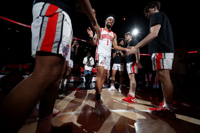 Feb 29, 2024; Columbus, Ohio, USA;  Ohio State Buckeyes guard Roddy Gayle Jr. (1) takes the floor during the first half against the Nebraska Cornhuskers at Value City Arena. Mandatory Credit: Joseph Maiorana-USA TODAY Sports