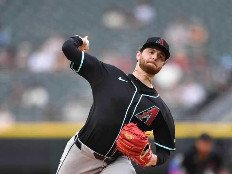 Jun 24, 2025; Chicago, Illinois, USA; Arizona Diamondbacks pitcher Ryne Nelson (19) pitches during the first inning against the Chicago White Sox at Rate Field. Mandatory Credit: Patrick Gorski-Imagn Images