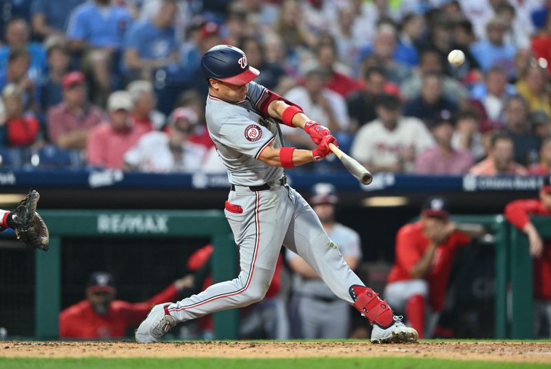 Aug 17, 2024; Philadelphia, Pennsylvania, USA; Washington Nationals outfielder Alex Call (17) hits a home run against the Philadelphia Phillies in the fourth inning at Citizens Bank Park. Mandatory Credit: Kyle Ross-USA TODAY Sports