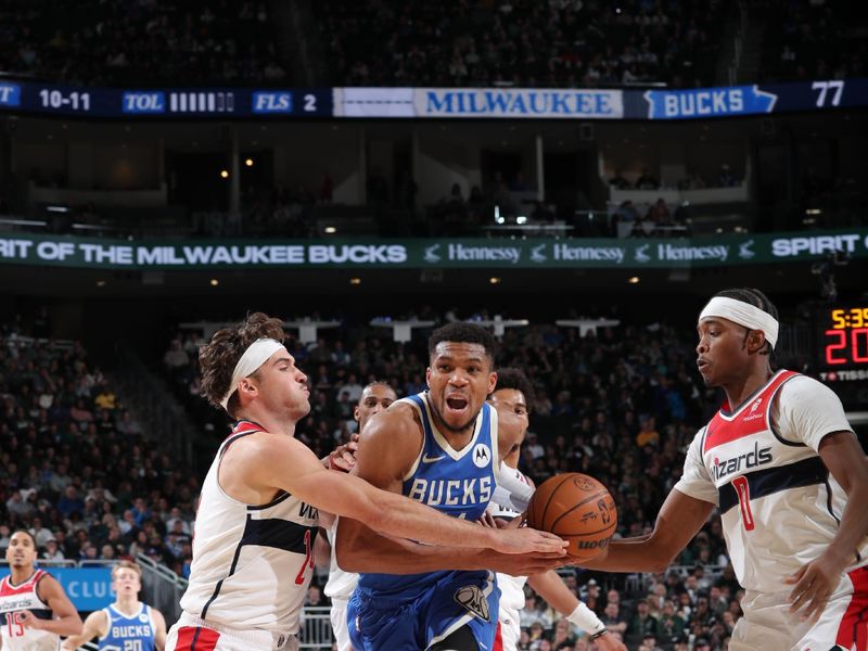 MILWAUKEE, WI - NOVEMBER 30: Giannis Antetokounmpo #34 of the Milwaukee Bucks drives to the basket during the game against the Washington Wizards on November 30, 2024 at Fiserv Forum Center in Milwaukee, Wisconsin. NOTE TO USER: User expressly acknowledges and agrees that, by downloading and or using this Photograph, user is consenting to the terms and conditions of the Getty Images License Agreement. Mandatory Copyright Notice: Copyright 2024 NBAE (Photo by Gary Dineen/NBAE via Getty Images).