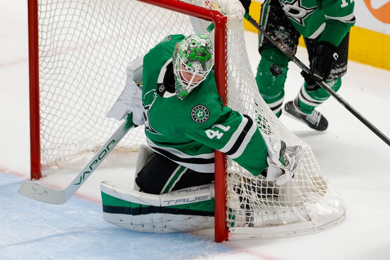 Mar 16, 2024; Dallas, Texas, USA; Dallas Stars goaltender Scott Wedgewood (41) protects the goal during the first period against the Los Angeles Kings at American Airlines Center. Mandatory Credit: Andrew Dieb-USA TODAY Sports