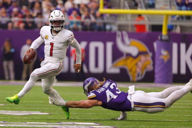 Arizona Cardinals quarterback Kyler Murray (1) runs from Minnesota Vikings linebacker Andrew Van Ginkel (43) during the first half of an NFL football game Sunday, Dec. 1, 2024, in Minneapolis. (AP Photo/Bruce Kluckhohn)