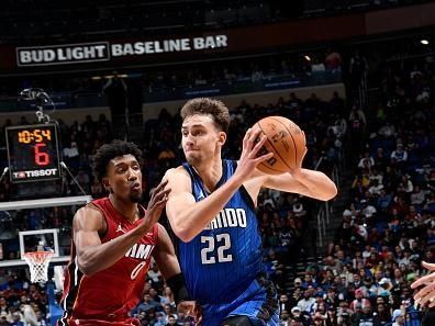 ORLANDO, FL - DECEMBER 20: Franz Wagner #22 of the Orlando Magic handles the ball during the game against the Miami Heat on December 20, 2023 at the Kia Center in Orlando, Florida. NOTE TO USER: User expressly acknowledges and agrees that, by downloading and or using this photograph, User is consenting to the terms and conditions of the Getty Images License Agreement. Mandatory Copyright Notice: Copyright 2023 NBAE (Photo by Fernando Medina/NBAE via Getty Images)