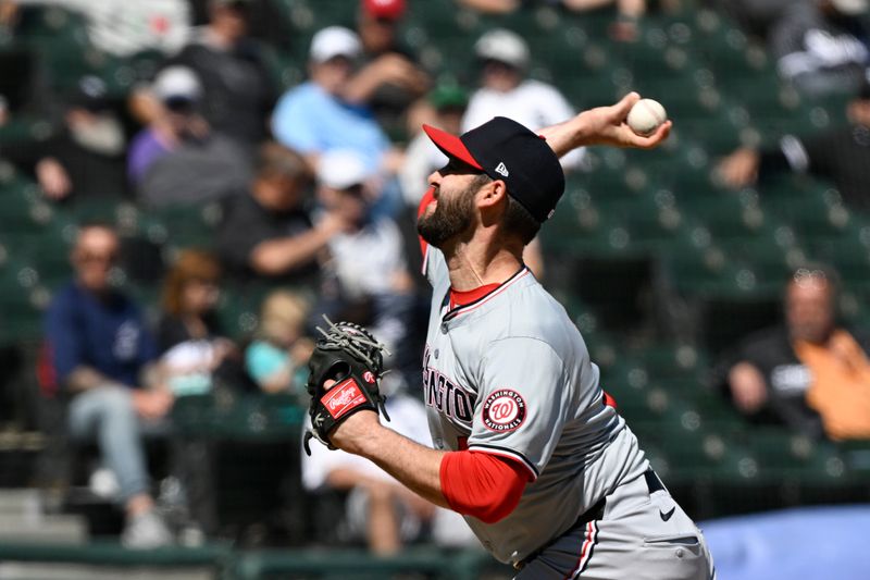 May 15, 2024; Chicago, Illinois, USA;  Washington Nationals pitcher Dylan Floro (44) pitches against the Chicago White Sox during the eighth inning  at Guaranteed Rate Field. Mandatory Credit: Matt Marton-USA TODAY Sports