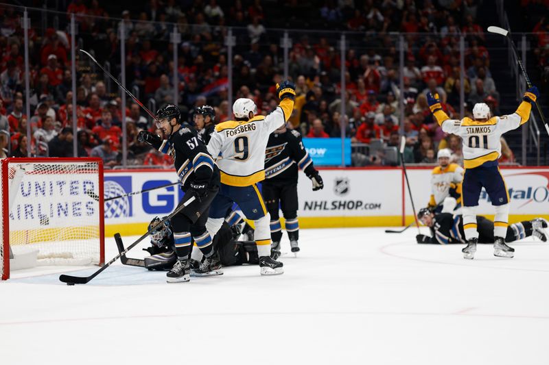 Nov 6, 2024; Washington, District of Columbia, USA; Nashville Predators center Steven Stamkos (91) celebrates after scoring a goal on Washington Capitals goaltender Logan Thompson (48) in the second period at Capital One Arena. Mandatory Credit: Geoff Burke-Imagn Images