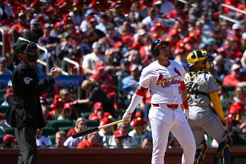 Apr 21, 2024; St. Louis, Missouri, USA; St. Louis Cardinals second baseman Nolan Gorman (16) reacts after striking out against the Milwaukee Brewers in the sixth inning at Busch Stadium. Mandatory Credit: Joe Puetz-USA TODAY Sports