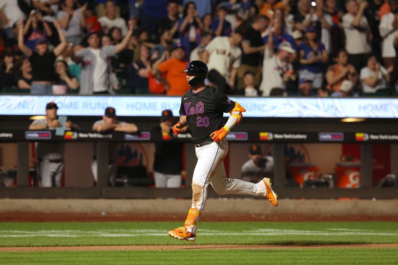 May 24, 2024; New York City, New York, USA; New York Mets first baseman Pete Alonso (20) rounds the bases after hitting a solo home run against the San Francisco Giants during the seventh inning at Citi Field. Mandatory Credit: Brad Penner-USA TODAY Sports