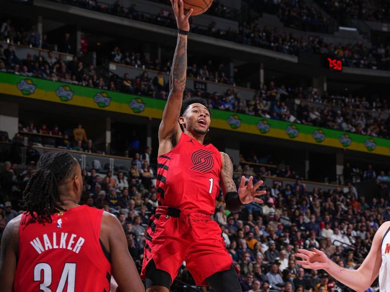 DENVER, CO - FEBRUARY 4: Anfernee Simons #1 of the Portland Trail Blazers goes to the basket during the game on February 4, 2024 at the Ball Arena in Denver, Colorado. NOTE TO USER: User expressly acknowledges and agrees that, by downloading and/or using this Photograph, user is consenting to the terms and conditions of the Getty Images License Agreement. Mandatory Copyright Notice: Copyright 2024 NBAE (Photo by Garrett Ellwood/NBAE via Getty Images)