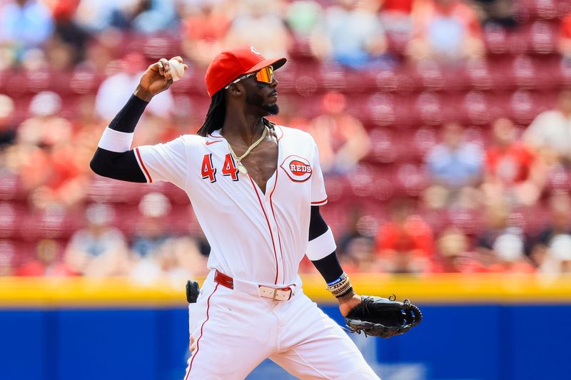 May 15, 2025; Cincinnati, Ohio, USA; Cincinnati Reds shortstop Elly De La Cruz (44) throws to first to get Chicago White Sox first baseman Lenyn Sosa (not pictured) out in the second inning at Great American Ball Park. Mandatory Credit: Katie Stratman-Imagn Images