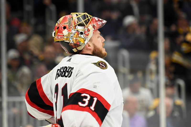 Apr 16, 2024; Boston, Massachusetts, USA;  Ottawa Senators goaltender Anton Forsberg (31) during the third period against the Boston Bruins at TD Garden. Mandatory Credit: Bob DeChiara-USA TODAY Sports