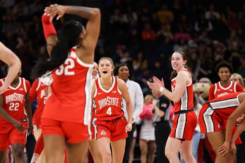 Mar 4, 2023; Minneapolis, MINN, USA; Ohio State Buckeyes players react to the win against the Indiana Hoosiers after the game at Target Center. Mandatory Credit: Matt Krohn-USA TODAY Sports