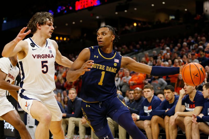 Feb 18, 2023; Charlottesville, Virginia, USA; Notre Dame Fighting Irish guard J.J. Starling (1) controls the ball as Virginia Cavaliers forward Ben Vander Plas (5) defends during the first half at John Paul Jones Arena. Mandatory Credit: Amber Searls-USA TODAY Sports