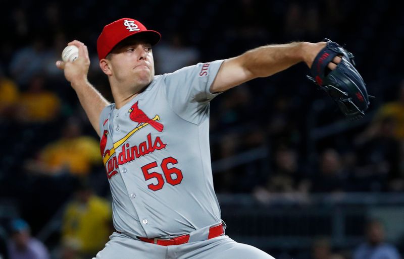 Jul 2, 2024; Pittsburgh, Pennsylvania, USA;  St. Louis Cardinals relief pitcher Ryan Helsley (56) pitches against the Pittsburgh Pirates during the ninth inning at PNC Park. St. Louis won 7-4. Mandatory Credit: Charles LeClaire-USA TODAY Sports