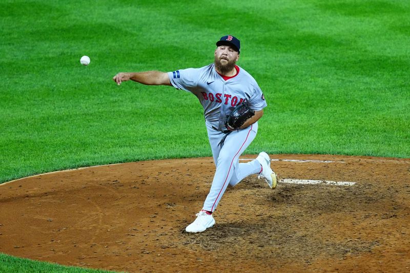 Jul 23, 2024; Denver, Colorado, USA; Boston Red Sox pitcher Greg Weissert (57) delivers a pitch in the ninth inning against the Colorado Rockies at Coors Field. Mandatory Credit: Ron Chenoy-USA TODAY Sports