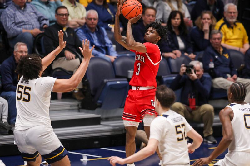Feb 18, 2026; Morgantown, West Virginia, USA; Utah Utes guard Don McHenry (3) shoots along the baseline over West Virginia Mountaineers center Harlan Obioha (55) during the first half at Hope Coliseum. Mandatory Credit: Ben Queen-Imagn Images