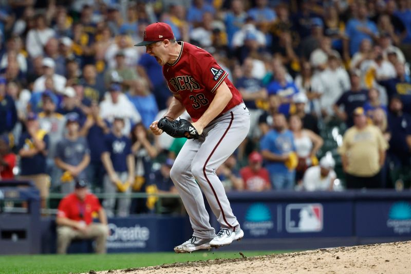 Oct 4, 2023; Milwaukee, Wisconsin, USA; Arizona Diamondbacks relief pitcher Paul Sewald (38) celebrates after winning against the Milwaukee Brewers in game two of the Wildcard series for the 2023 MLB playoffs at American Family Field. Mandatory Credit: Kamil Krzaczynski-USA TODAY Sports