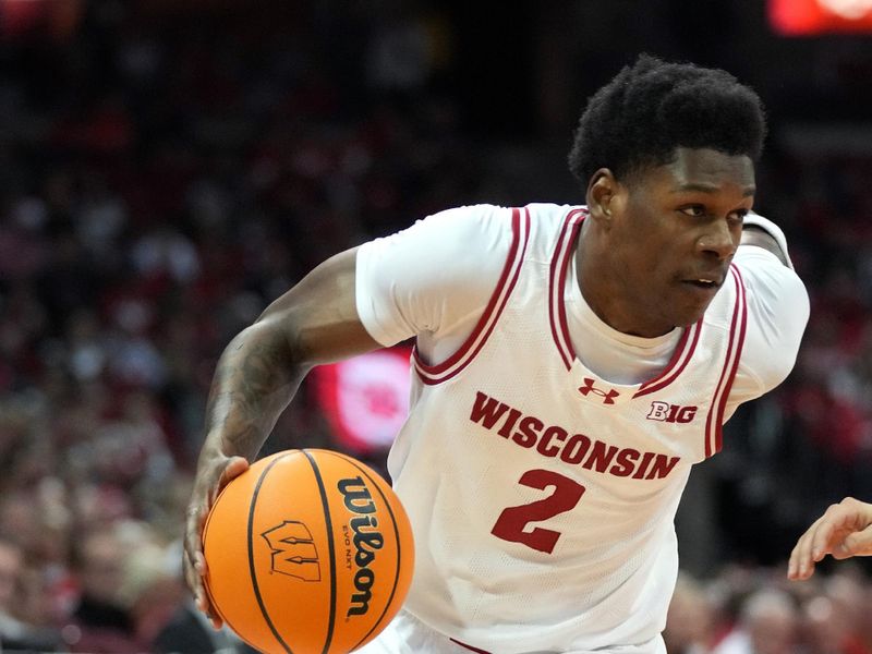 Feb 13, 2024; Madison, Wisconsin, USA;  Wisconsin Badgers guard AJ Storr (2) dribbles the ball during the second half against the Ohio State Buckeyes at the Kohl Center. Mandatory Credit: Kayla Wolf-USA TODAY Sports