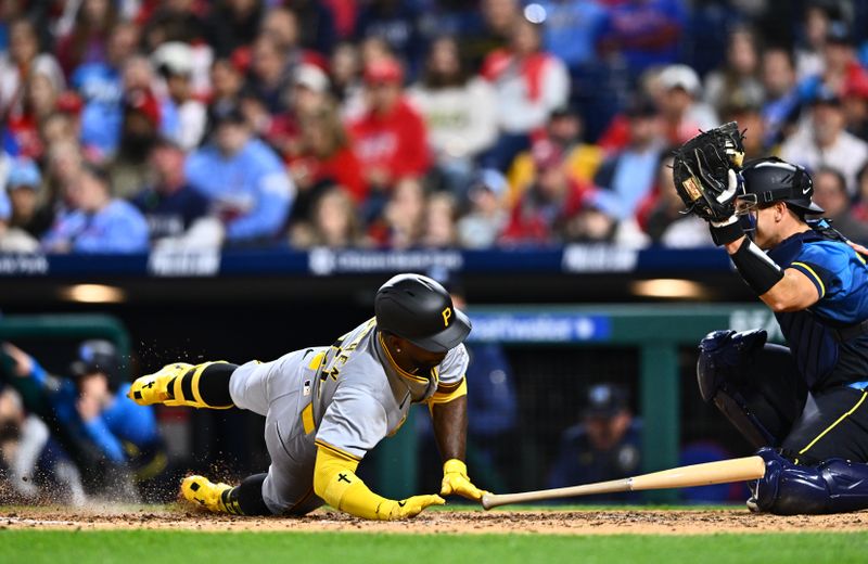 Apr 12, 2024; Philadelphia, Pennsylvania, USA; Pittsburgh Pirates designated hitter Andrew McCutchen (22) dives away from a pitch against the Philadelphia Phillies in the seventh inning at Citizens Bank Park. Mandatory Credit: Kyle Ross-USA TODAY Sports