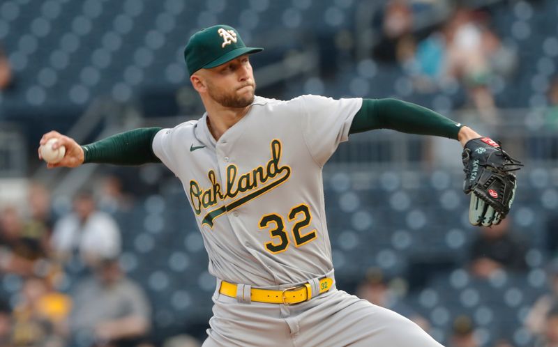 Jun 6, 2023; Pittsburgh, Pennsylvania, USA; Oakland Athletics starting pitcher James Kaprielian (32) delivers a pitch against the Pittsburgh Pirates during the first inning at PNC Park. Mandatory Credit: Charles LeClaire-USA TODAY Sports