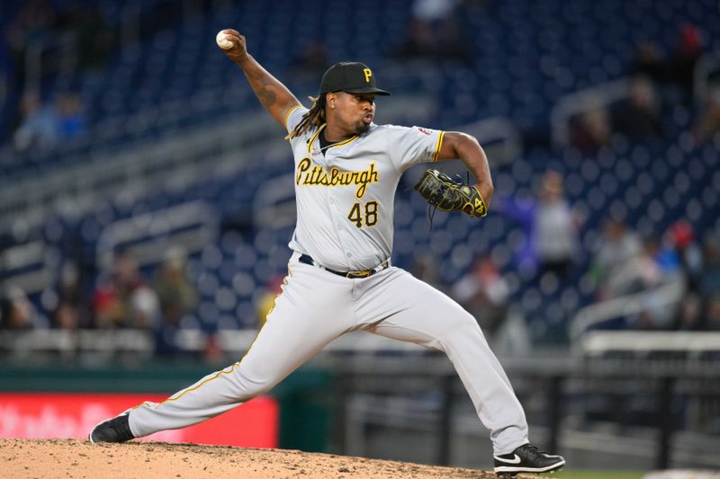 Apr 4, 2024; Washington, District of Columbia, USA; Pittsburgh Pirates starting pitcher Luis Ortiz (48) throws a pitch during the eighth inning against the Washington Nationals at Nationals Park. Mandatory Credit: Reggie Hildred-USA TODAY Sports