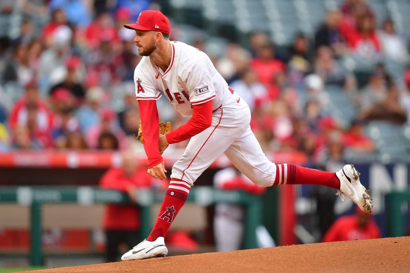 Jun 7, 2024; Anaheim, California, USA; Los Angeles Angels pitcher Griffin Canning (47) throws against the Houston Astros during the first inning at Angel Stadium. Mandatory Credit: Gary A. Vasquez-USA TODAY Sports