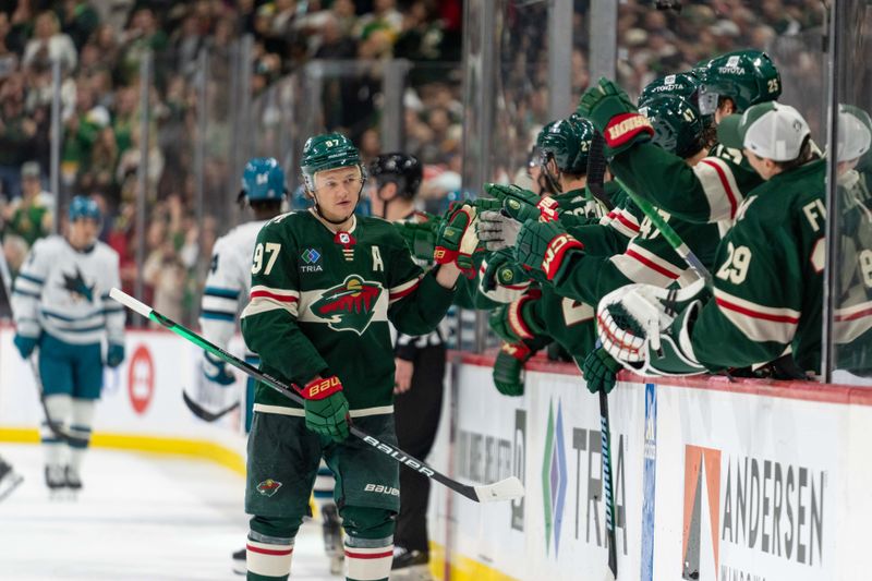 Mar 3, 2024; Saint Paul, Minnesota, USA; Minnesota Wild left wing Kirill Kaprizov (97) celebrates his second goal of the game against the San Jose Sharks in the third period at Xcel Energy Center. Mandatory Credit: Matt Blewett-USA TODAY Sports