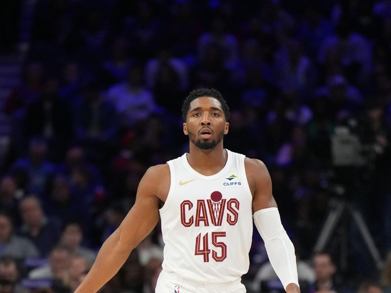 PHILADELPHIA, PA - NOVEMBER 13: Donovan Mitchell #45 of the Cleveland Cavaliers looks on during the game against the Philadelphia 76ers on November 13, 2024 at the Wells Fargo Center in Philadelphia, Pennsylvania NOTE TO USER: User expressly acknowledges and agrees that, by downloading and/or using this Photograph, user is consenting to the terms and conditions of the Getty Images License Agreement. Mandatory Copyright Notice: Copyright 2024 NBAE (Photo by Jesse D. Garrabrant/NBAE via Getty Images)