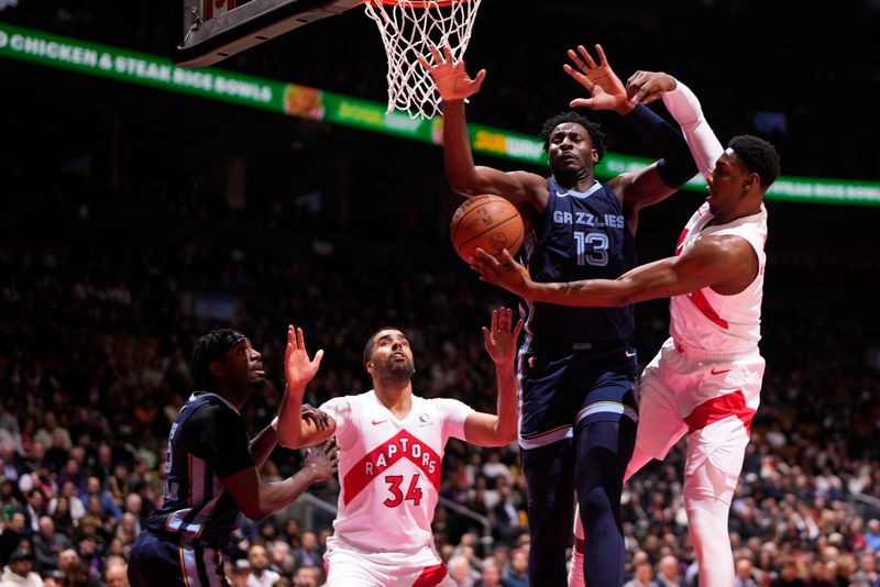 TORONTO, CANADA - JANUARY 22: RJ Barrett #9 of the Toronto Raptors drives to the basket during the game against the Memphis Grizzlies on January 22, 2024 at the Scotiabank Arena in Toronto, Ontario, Canada.  NOTE TO USER: User expressly acknowledges and agrees that, by downloading and or using this Photograph, user is consenting to the terms and conditions of the Getty Images License Agreement.  Mandatory Copyright Notice: Copyright 2024 NBAE (Photo by Mark Blinch/NBAE via Getty Images)