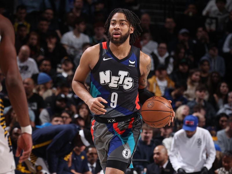 BROOKLYN, NY - APRIL 3: Trendon Watford #9 of the Brooklyn Nets dribbles the ball during the game against the Indiana Pacers on April 3, 2024 at Barclays Center in Brooklyn, New York. NOTE TO USER: User expressly acknowledges and agrees that, by downloading and or using this Photograph, user is consenting to the terms and conditions of the Getty Images License Agreement. Mandatory Copyright Notice: Copyright 2024 NBAE (Photo by Nathaniel S. Butler/NBAE via Getty Images)