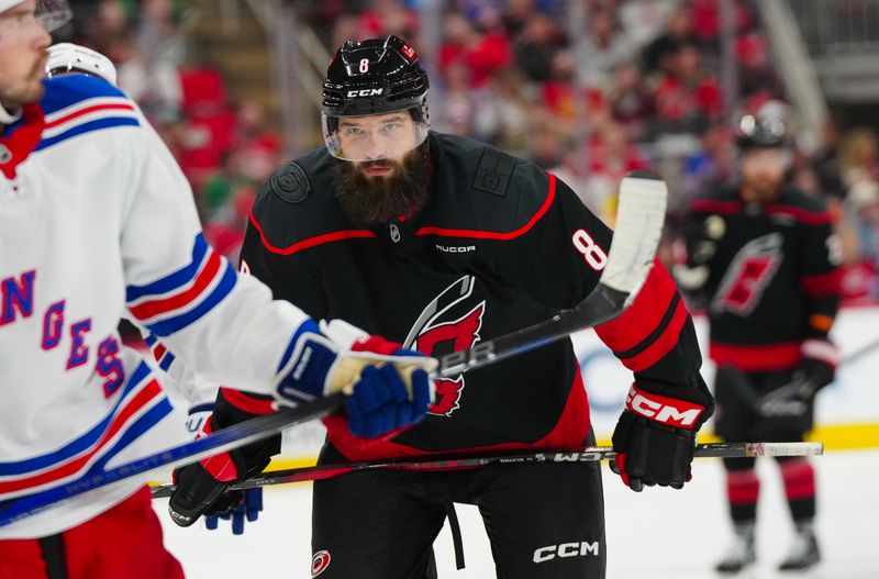 Nov 27, 2024; Raleigh, North Carolina, USA;  Carolina Hurricanes defenseman Brent Burns (8) looks on against the New York Rangers during the third period at Lenovo Center. Mandatory Credit: James Guillory-Imagn Images