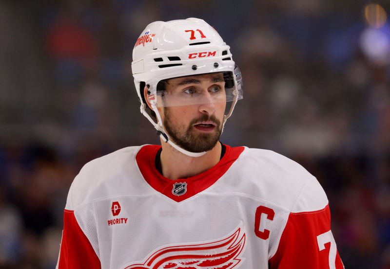 Oct 26, 2024; Buffalo, New York, USA;  Detroit Red Wings center Dylan Larkin (71) during a stoppage in play against the Buffalo Sabres in the first period at KeyBank Center. Mandatory Credit: Timothy T. Ludwig-Imagn Images