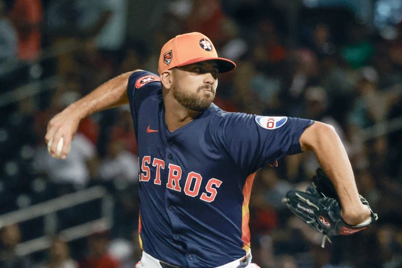 Mar 15, 2024; West Palm Beach, Florida, USA; Houston Astros relief pitcher Seth Martinez (61) throws a pitch during the eighth inning against the Philadelphia Phillies at The Ballpark of the Palm Beaches. Mandatory Credit: Reinhold Matay-USA TODAY Sports